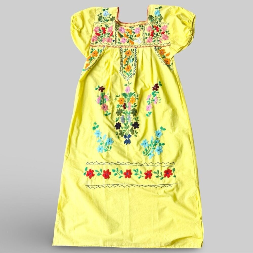 Vintage Handmade 70s Mexican Embroidered Midi Dress Peasant Style - Picture 4 of 14